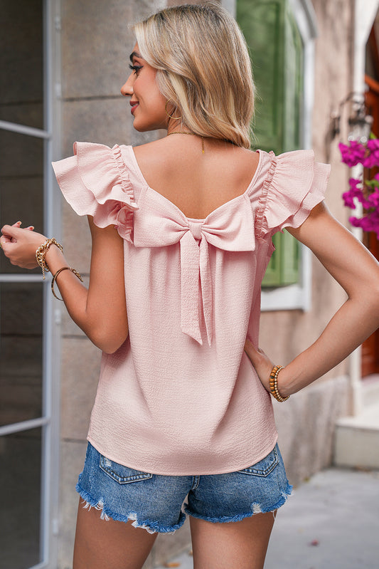 Gossamer Pink Textured Bow Frilled Ruffle Sleeve Blouse