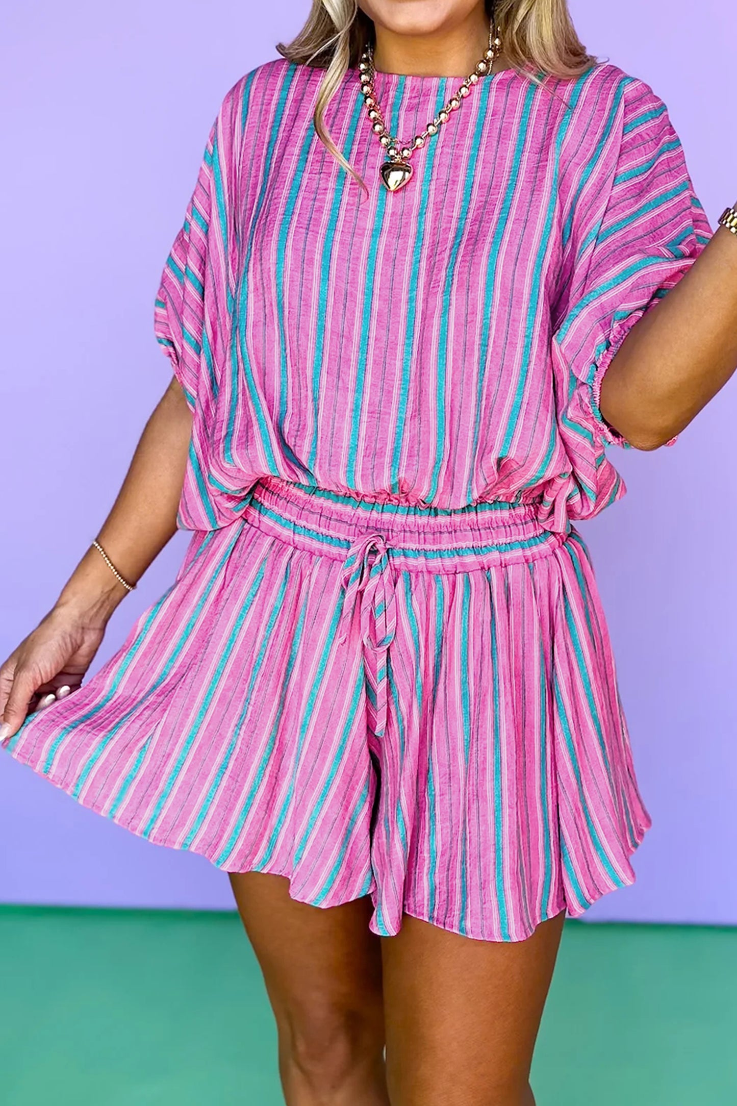 Pink Stripe Dolman Short Sleeve Blouse Drawstring Elastic Waist Loose Short Set