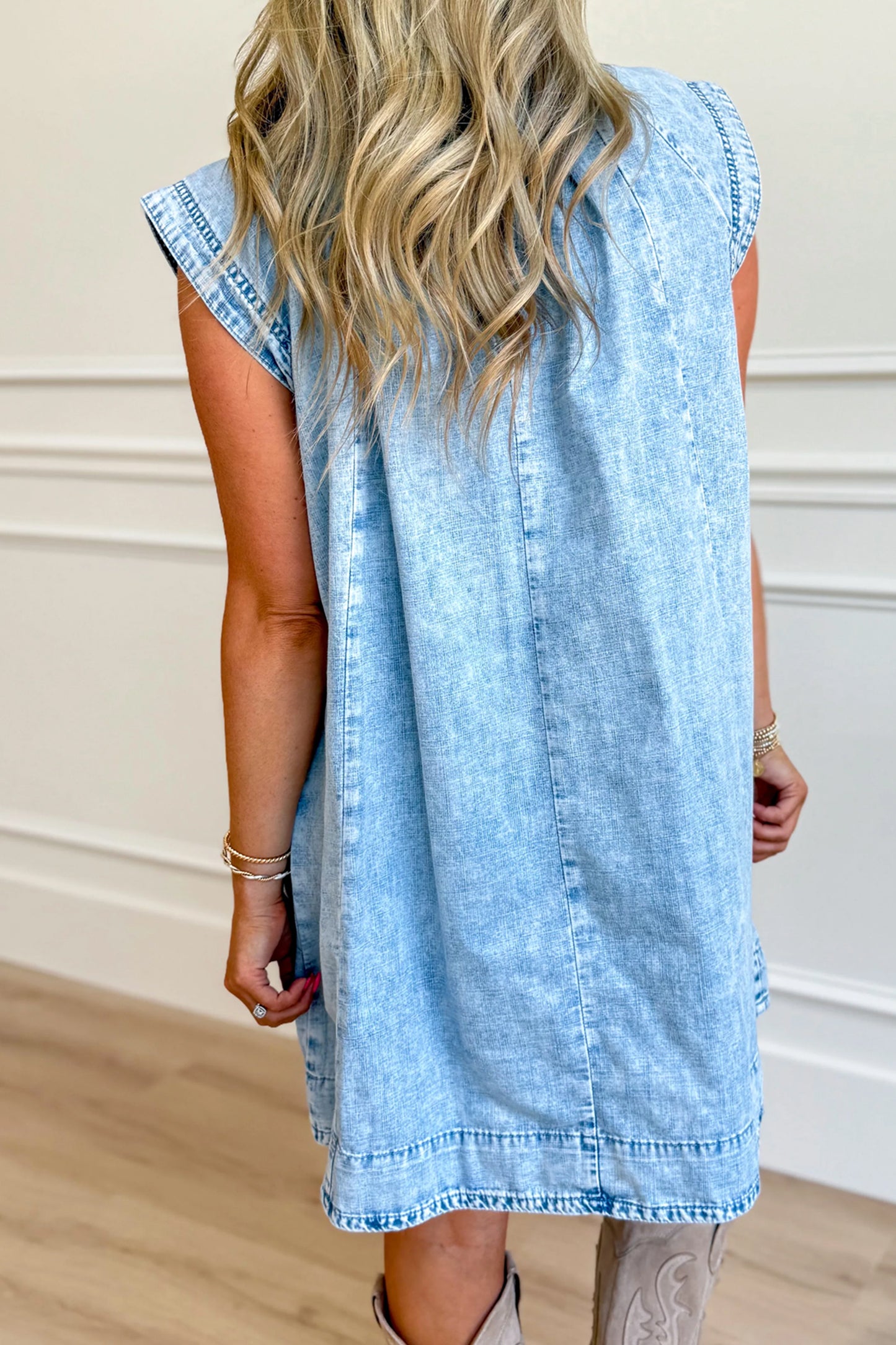 Beau Blue Loose Cap Sleeve Pleated Babydoll Denim Dress with Pockets