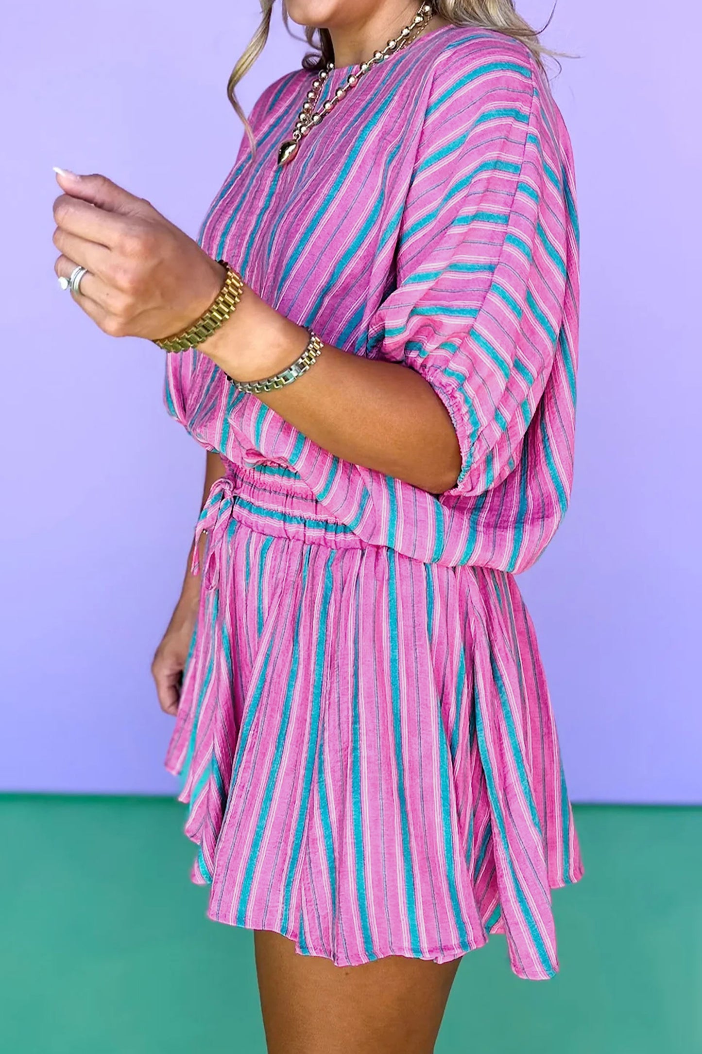 Pink Stripe Dolman Short Sleeve Blouse Drawstring Elastic Waist Loose Short Set