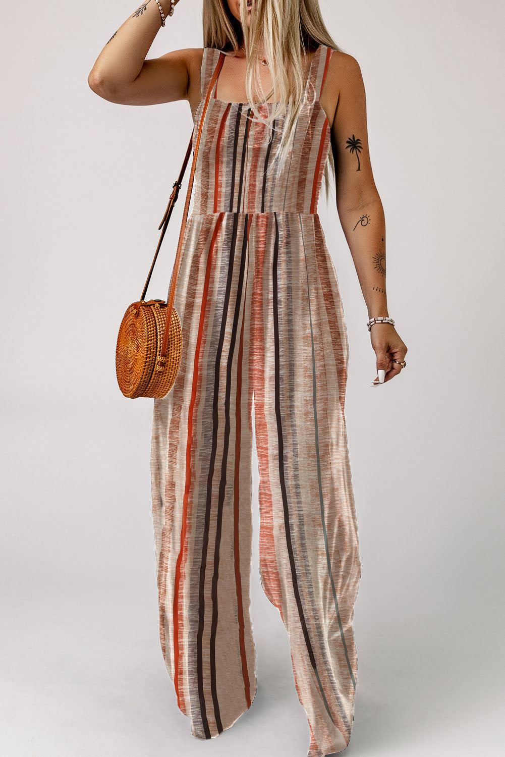 Yellow Stripe Square Neck Sleeveless Smocked Bodice Wide Leg Jumpsuit