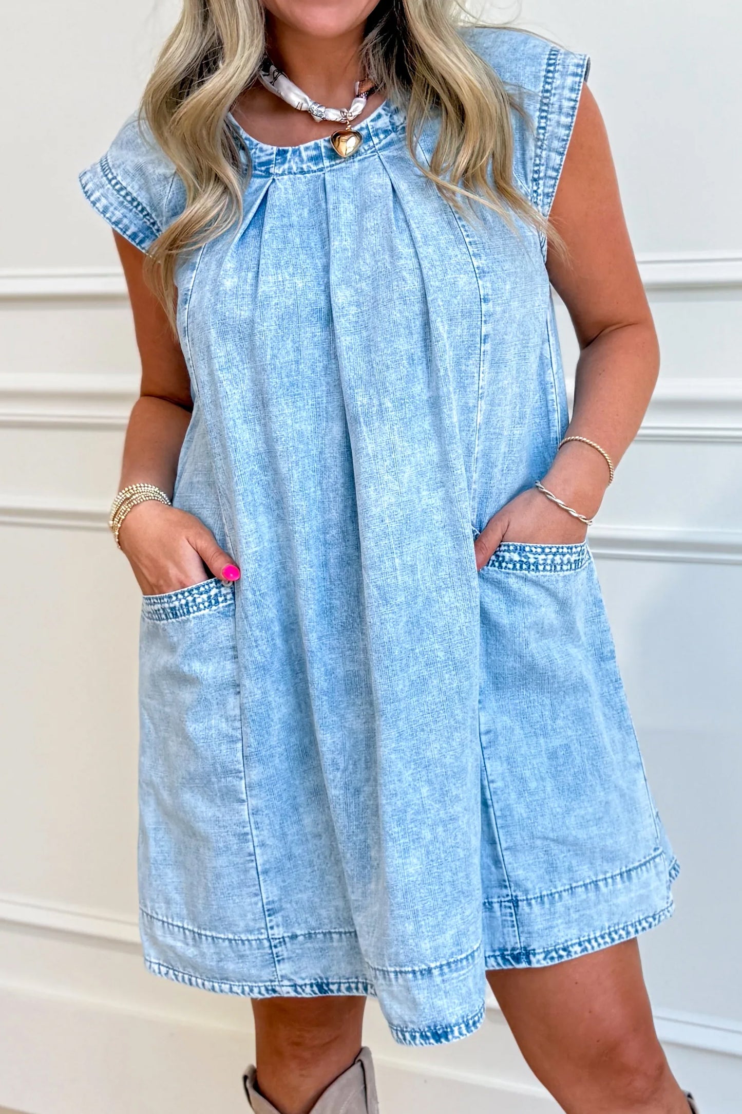 Beau Blue Loose Cap Sleeve Pleated Babydoll Denim Dress with Pockets